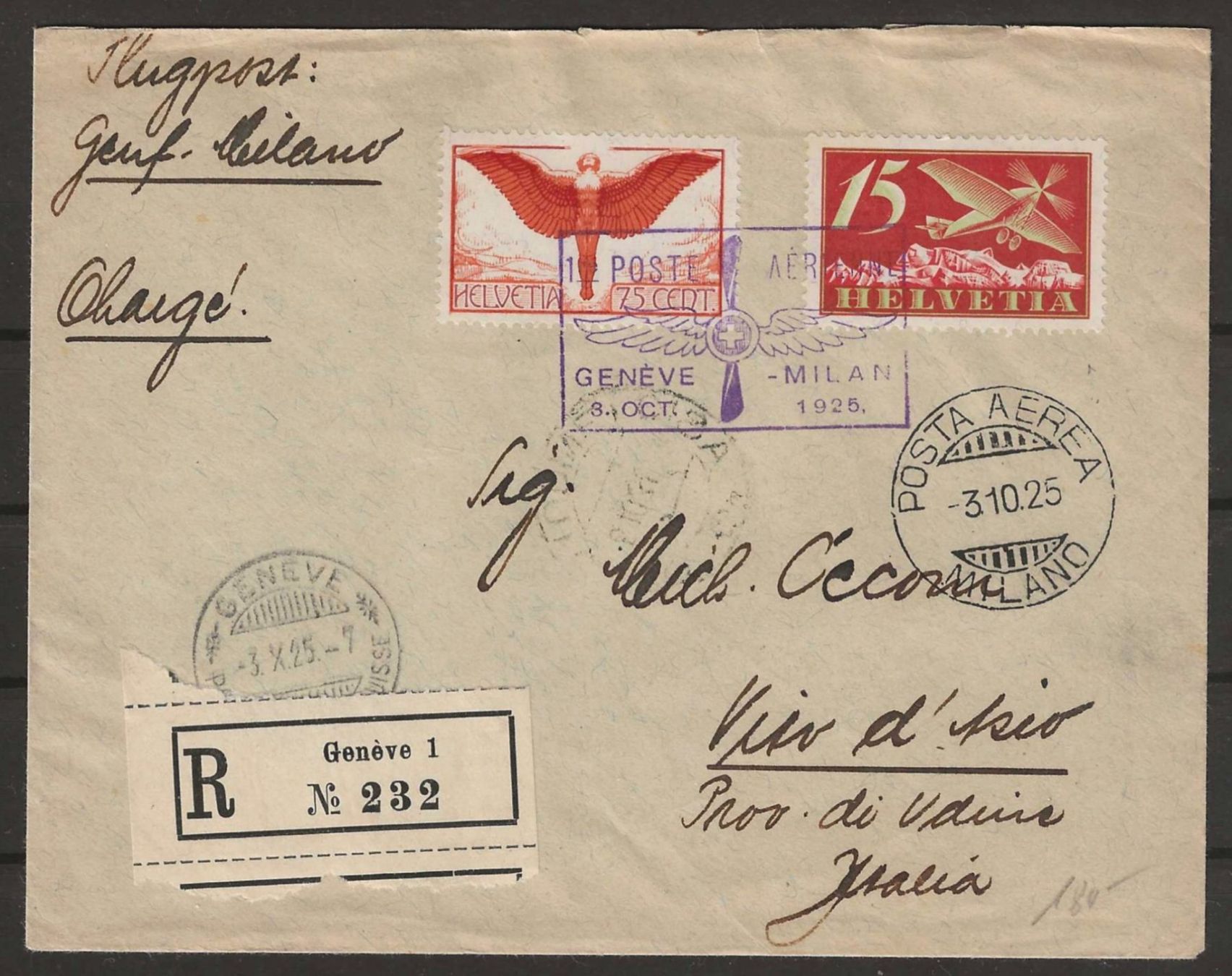 Tutti i francobolli: 1925 : Flugpost Brief Genf-Milano, KP 180.-- – Usato da Gümligen venduto da Geniusbuy