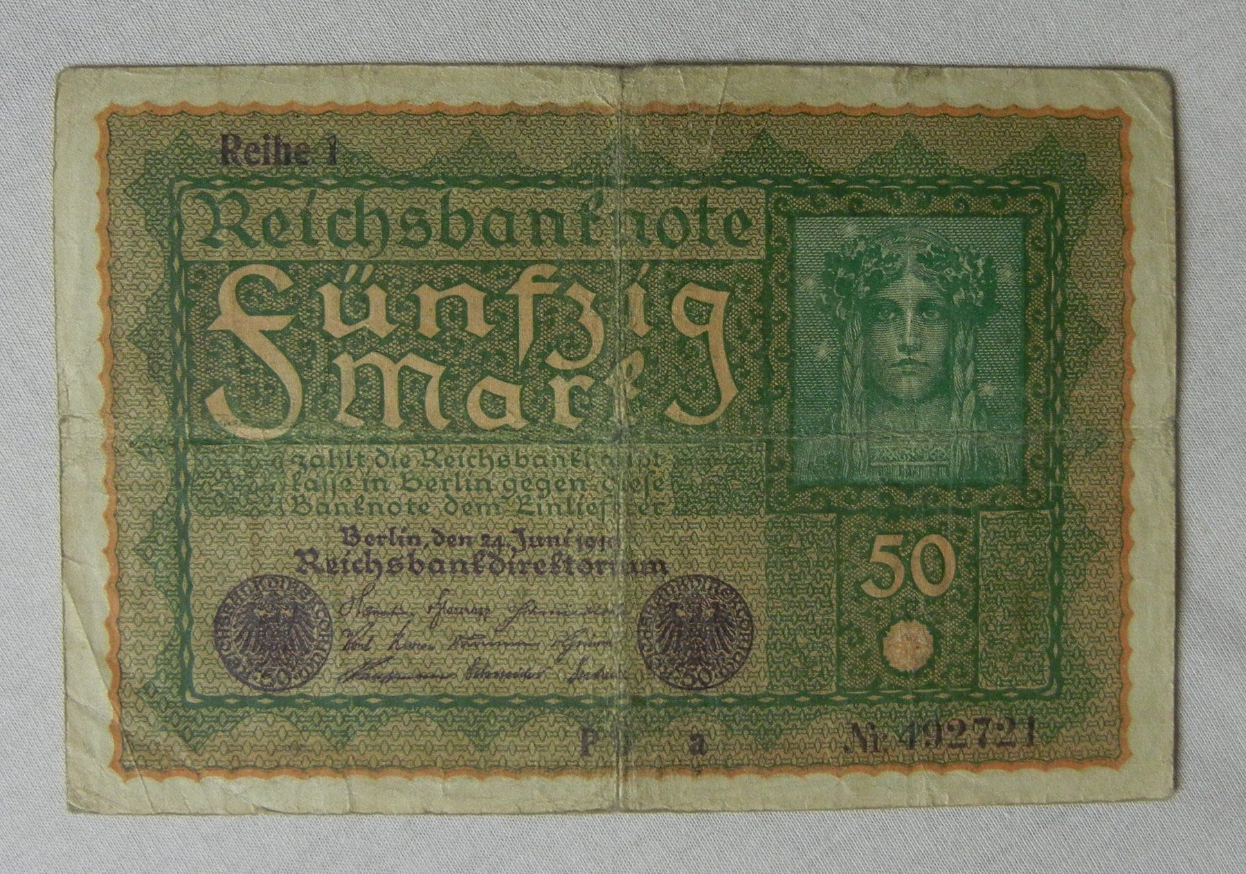 Banconote: REICHSBANKNOTE 50 MARK von 1919 – Usato da Bern venduto da Mekongbeach