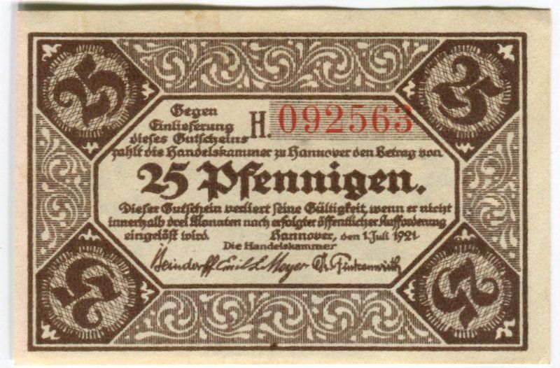 Banknoten: Notgeld "25 Pfennig. Hannover 1921" – Gebraucht aus Basel von Butsch5 1
