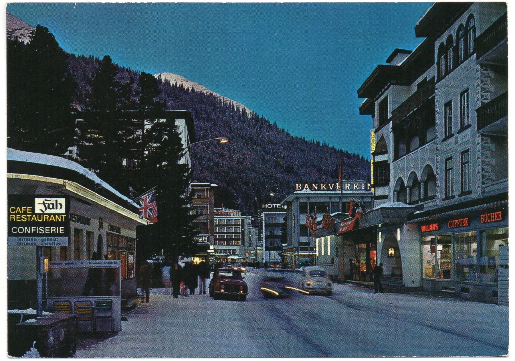 Cartoline postali: DAVOS Die Promenade, Auto, VW-Käfer – Usato da Jona venduto da philajona