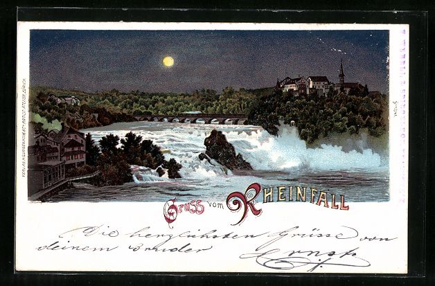 Cartoline postali: Litho Rheinfall, Gesamtansicht mit Schlo – Usato da Berlin venduto da bartko-reher