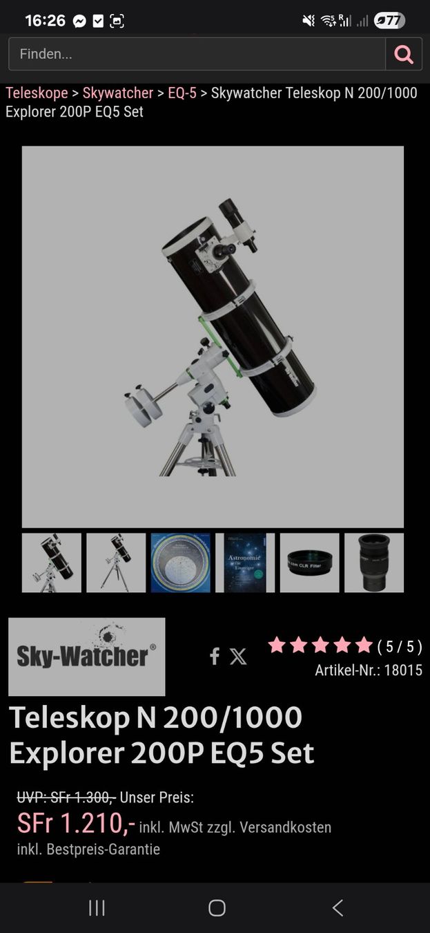 Sky-Watcher Telescopi: Skywatcher Teleskop N 200/1000 Explorer 200P EQ5 Set – Nuovo (secondo la descrizione) da Dietikon venduto da war_wdt5 7