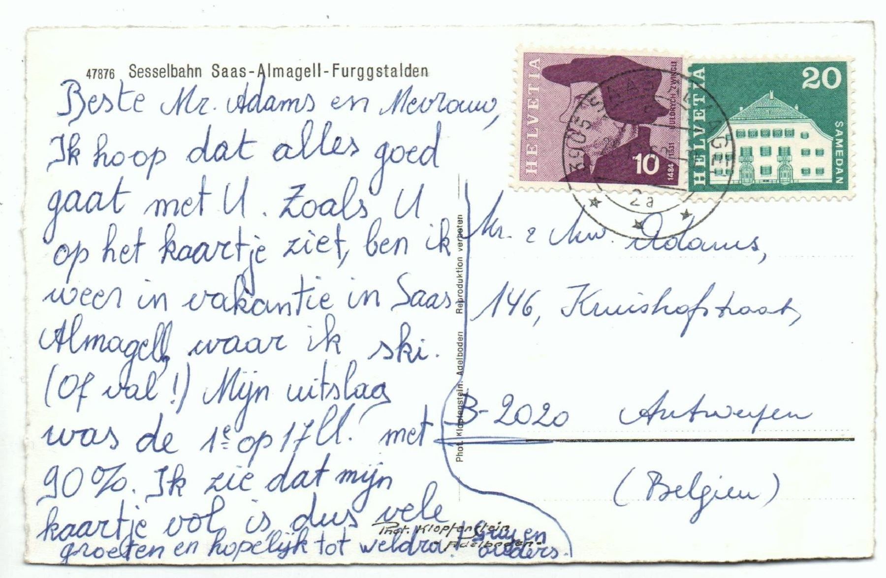 Cartoline postali: SAAS-ALMAGELL-FURGGSTALDEN Sesselbahn – Usato da Jona venduto da philajona 1