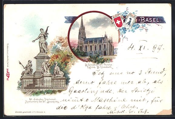 Ansichtskarten: Litho Basel, St. Jacobsdenkmal, St. Elis – Gebraucht aus Berlin von bartko-reher