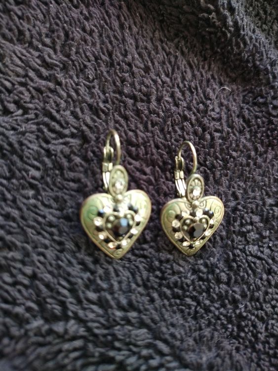 Boucles D'oreilles Pendantes Plaqué Or Jaune - Coeur Créateur - Fermoir Dormeuses - Occasion