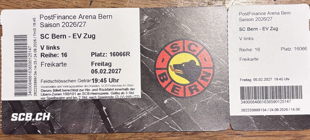 Biglietti: 1 Sitzplatz-Ticket SCB - EVZ – Nuovo e nell'imballaggio originale da Murten venduto da ari_cv7c