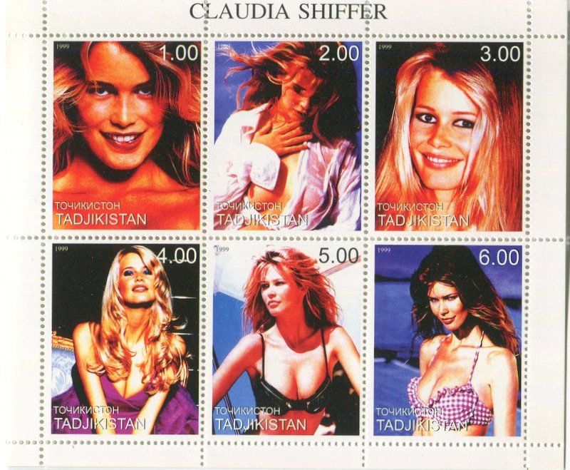 Alle Briefmarken: Block "Claudia Schiffer". Tadschikistan – Neu und originalverpackt aus Basel von Butsch5