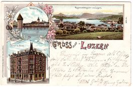Dreibild-Lithokarte  Gruss aus Luzern