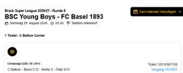 1 Ticket BSC Young Boys - FC Basel 1893 C Balkon Corner