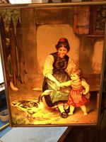 Antiker Glasbild-Druck, Kind mit Mutter nostalgische Szene