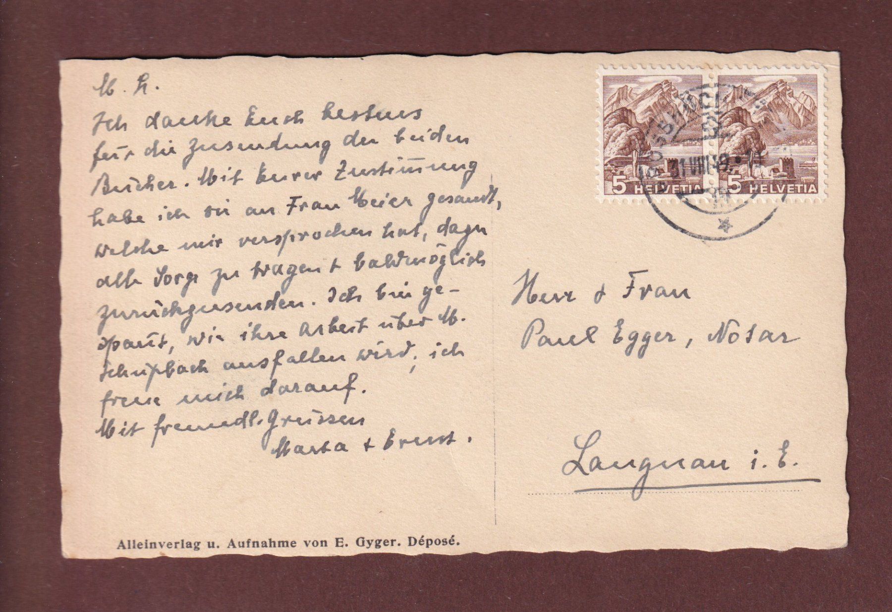 Cartes postales: FRUTIGEN - Kirche - 1949 E. Gyger – D'occasion à Pully par nicecards-shop 1