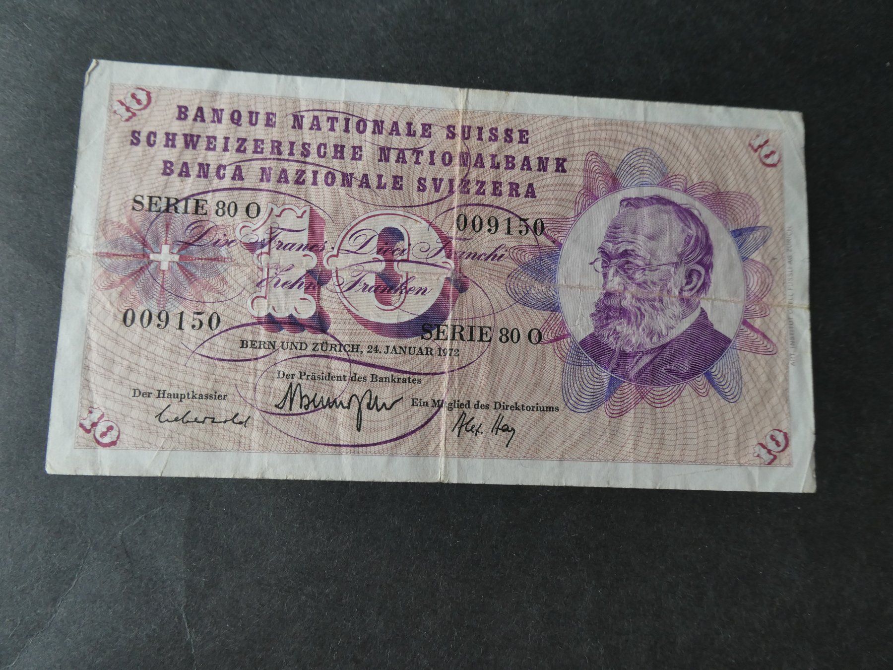 Banknoten: Schweiz 1972, 10 Franken – Gebraucht aus Hinterforst von Rohusri