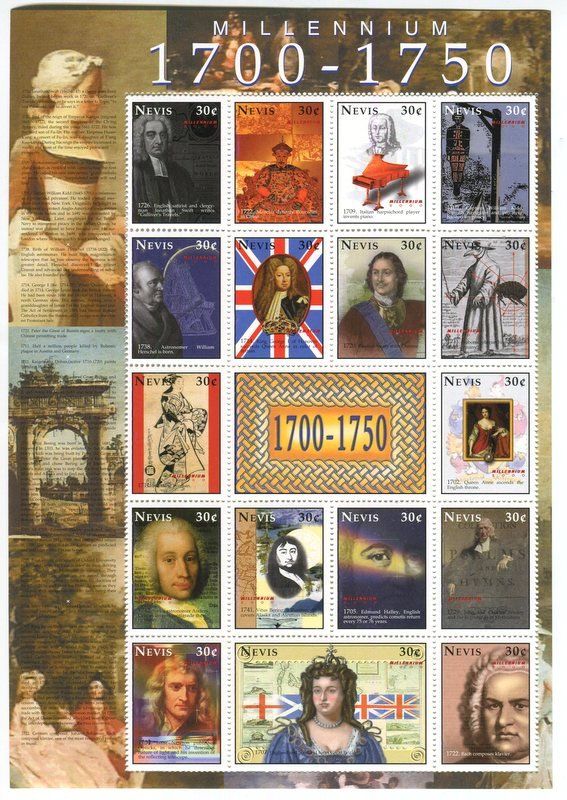 Tous les timbres: Block "Kaiser Peter der Grosse, König Georg I.". Nevis – Neuf avec emballage d'origine à Basel par Butsch5