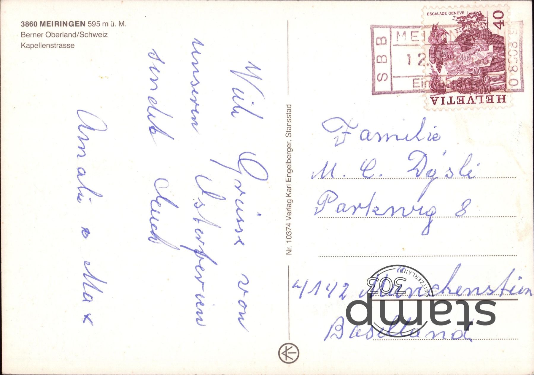 Cartoline postali: 1982 AK Meiringen _ Kapellenstrasse – Usato da Eggersriet venduto da stamp303 1