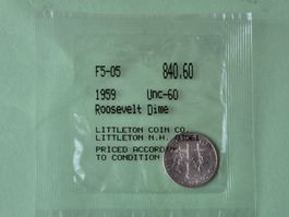 Roosevelt-Dime von 1959 in prägefrischem Zustand 90% Silber