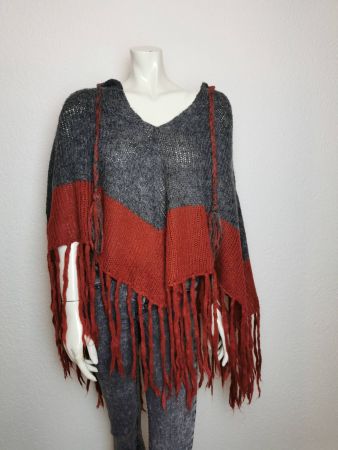 Warmer Poncho mit Kapuze, Fransen-Poncho - Cape - One Size