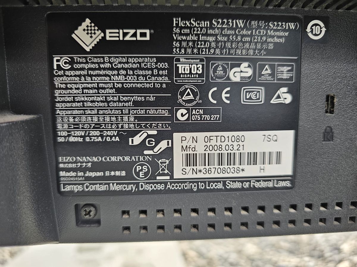 Eizo Monitore: Monitor 22 Zoll, Eizo FlexScan S2231W – Gebraucht aus Wilen b. Wil von carpediem25 2