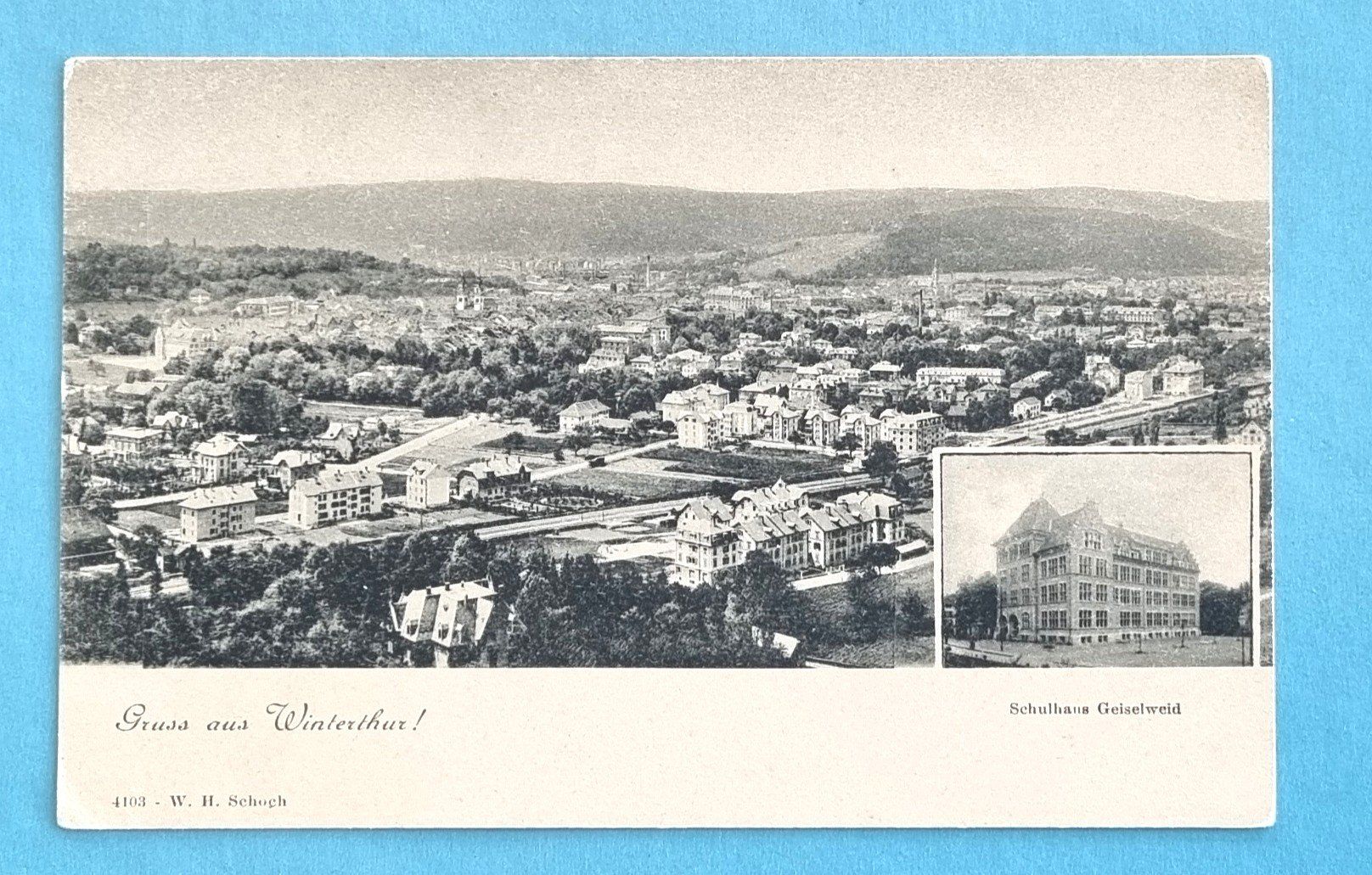 Ansichtskarten: Winterthur mit Schulhaus Geiselweid  - alte Ansichtskarte – Gebraucht aus Rothrist von RROENK