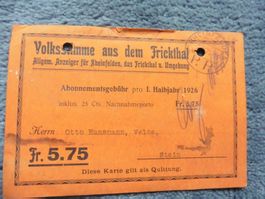 Frick,Volksstimme aus dem Fricktal,1926,Velos-Hausmann,Stein