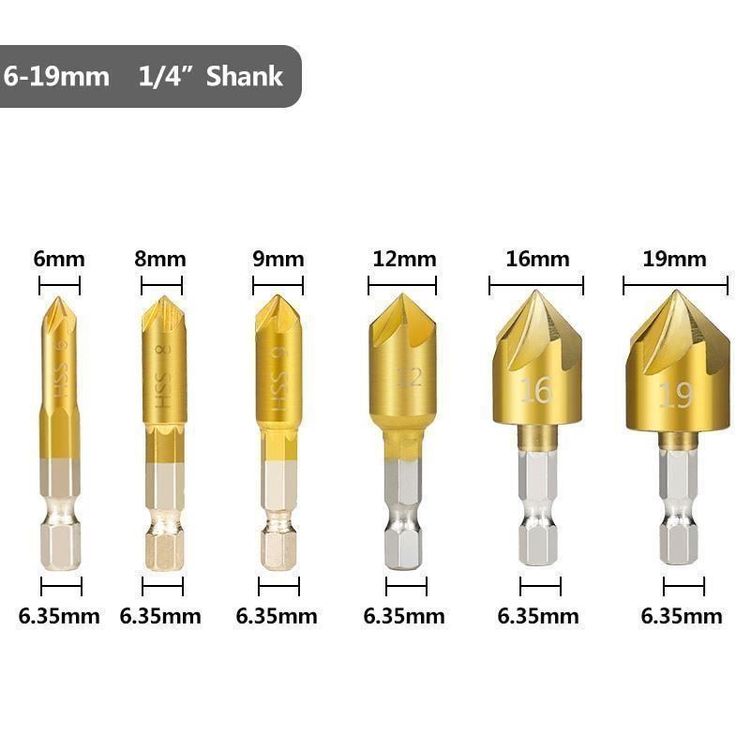Set De 5 Fraises à Chanfreiner 82° - Tige Hexagonale 1/4", Diamètres De 6.3 à 19 Mm - Pour Bois, Aluminium, Plastique
