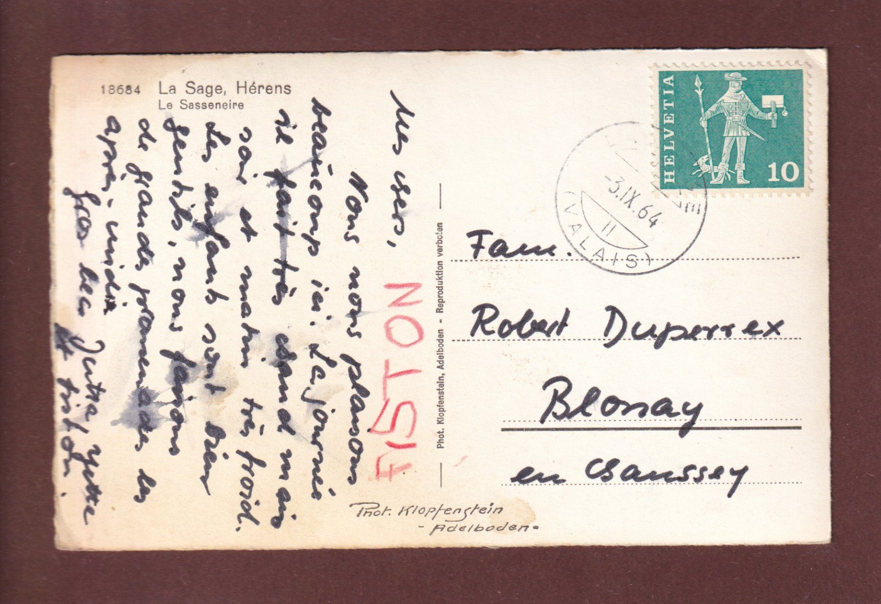Cartoline postali: Hérens - LA SAGE - 1964 – Usato da Pully venduto da nicecards 1
