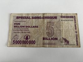 Zimbabwe 5 Milliarden Dollar 2008 Banknote gebraucht