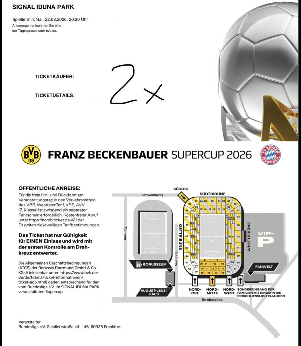 Billets: 2x SUPERCUP Tickets BVB - FCB, 22.08 – Neuf avec emballage d'origine à Arbon par evz_z22y