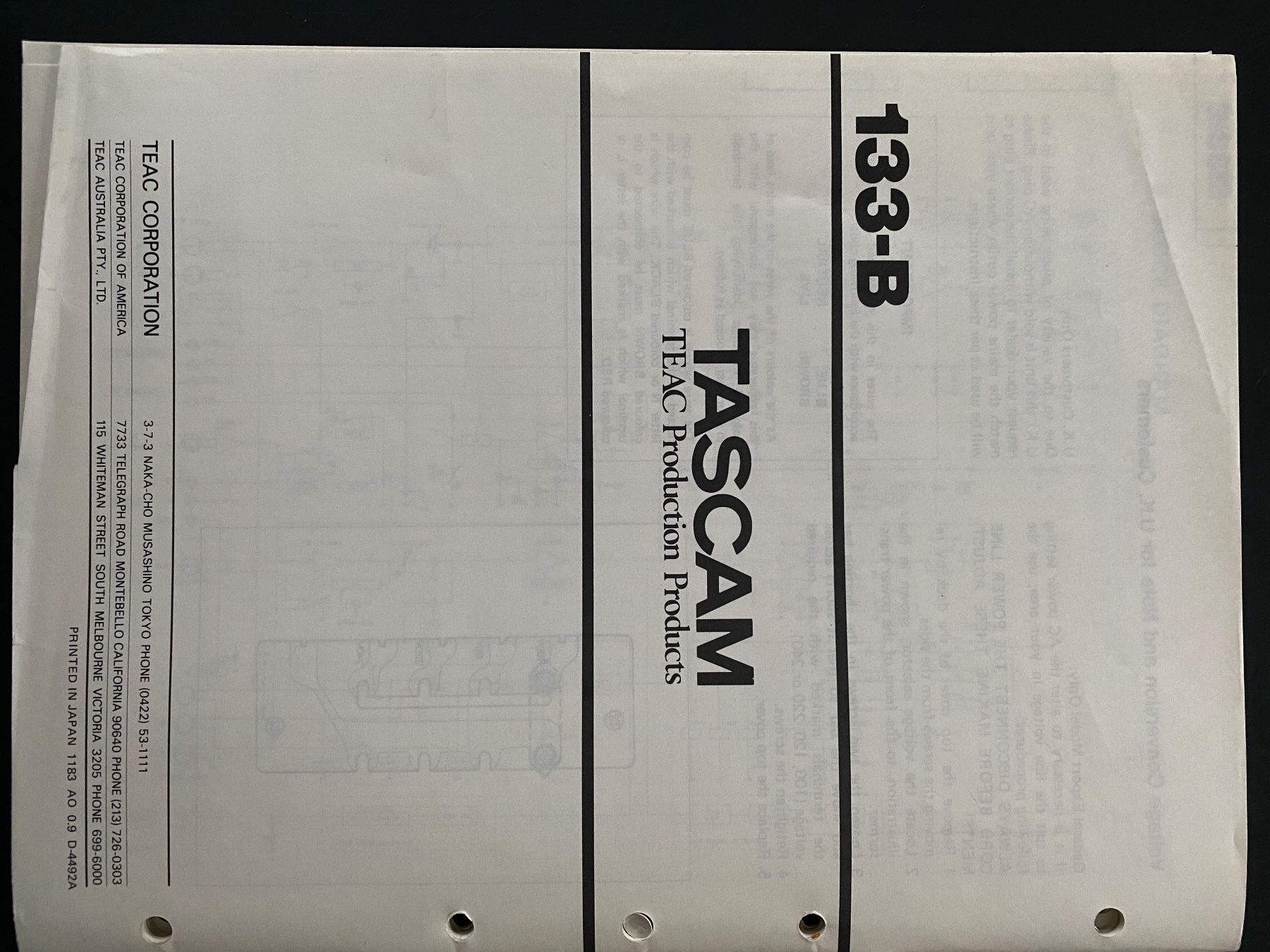 Registratori: Servicemanual TASCAM 133-B Cassetten Deck – Usato da Erlenbach ZH venduto da Leaford 1