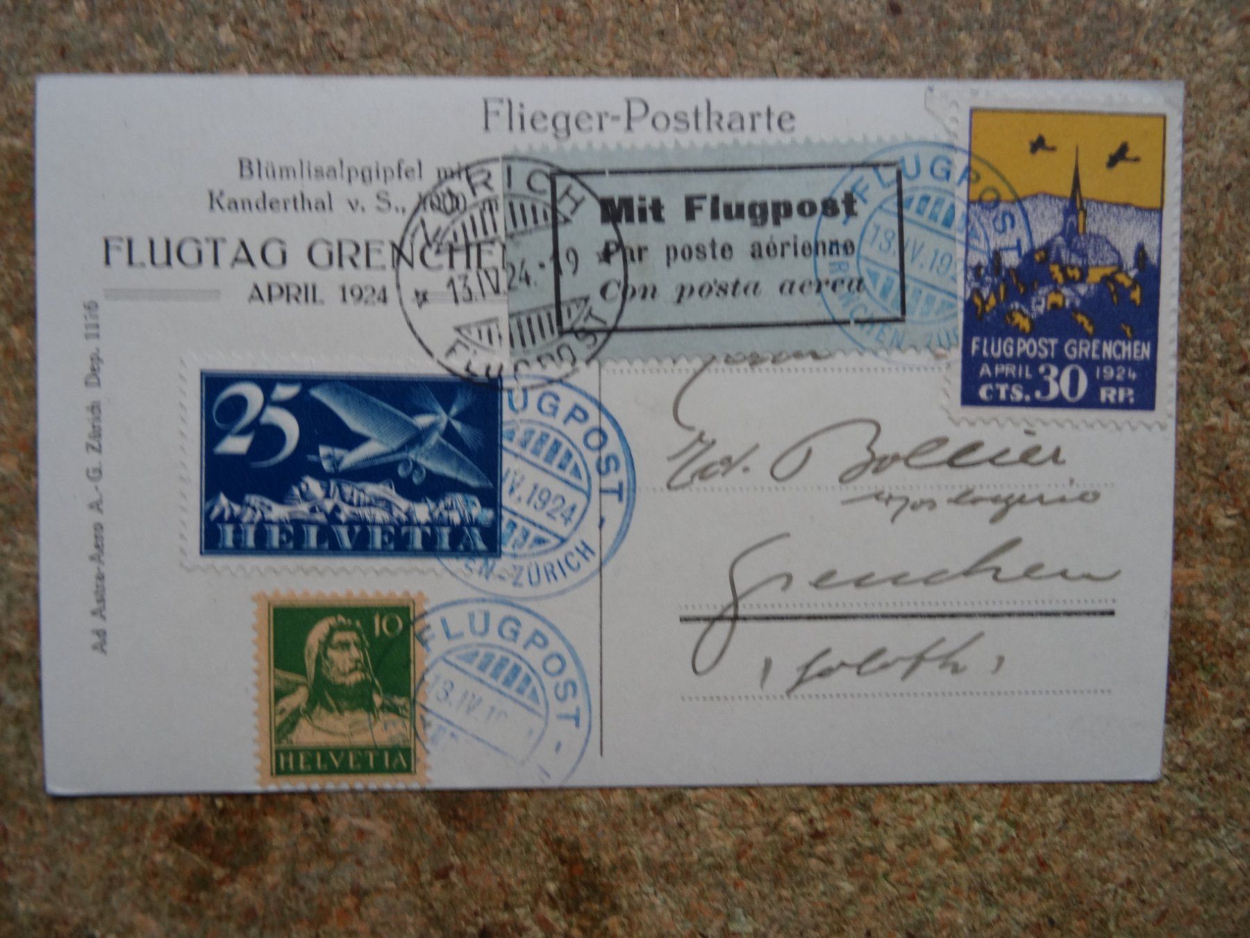 Cartoline postali: alte Flugpost-Ansichtskarte Flugtag Grenchen April 1924 – Usato da Lupfig venduto da Buerkli20 1