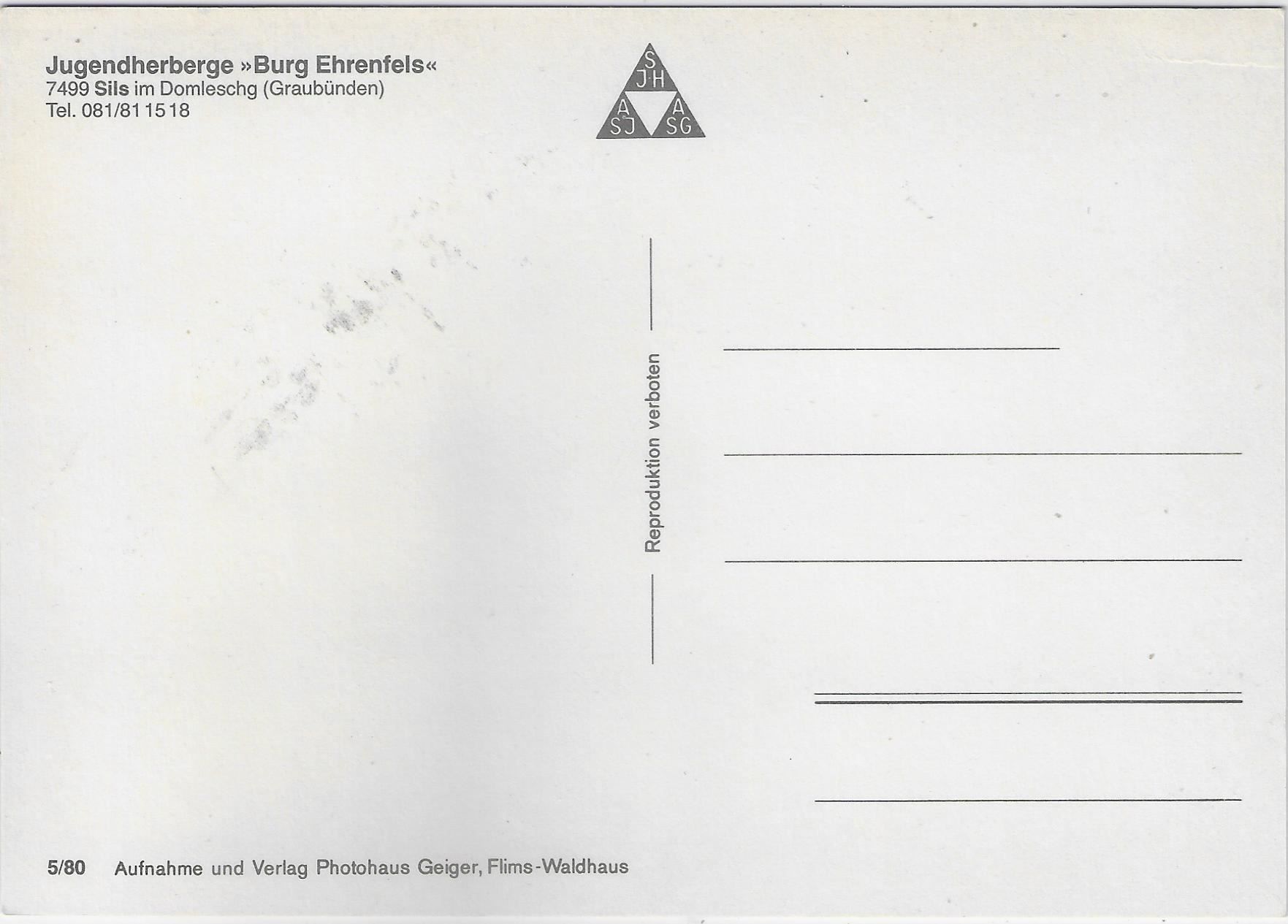 Cartoline postali: Jugendherberge "Burg Ehrenfels" - Sils – Usato da Ettingen venduto da Kartenplanet 1