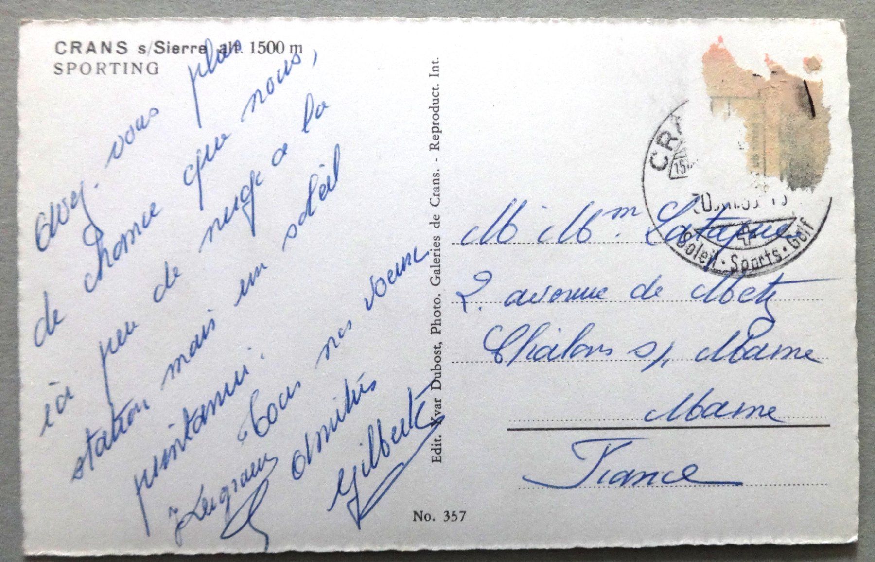 Cartoline postali: Crans s/Sierre, 1500 m, Sporting – Difettoso da Fétigny venduto da Billy2miny 1
