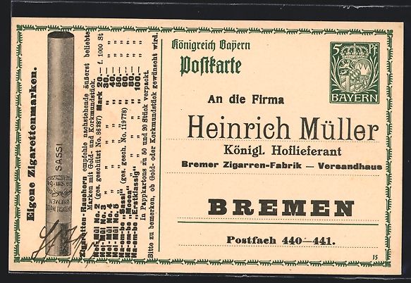 Entiers postaux: Bremen, Zigarren-Fabrik Heinrich Müller – D'occasion à Berlin par bartko-reher