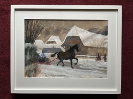 Tolles altes Aquarell Langnau im Winter, Walter Schneider