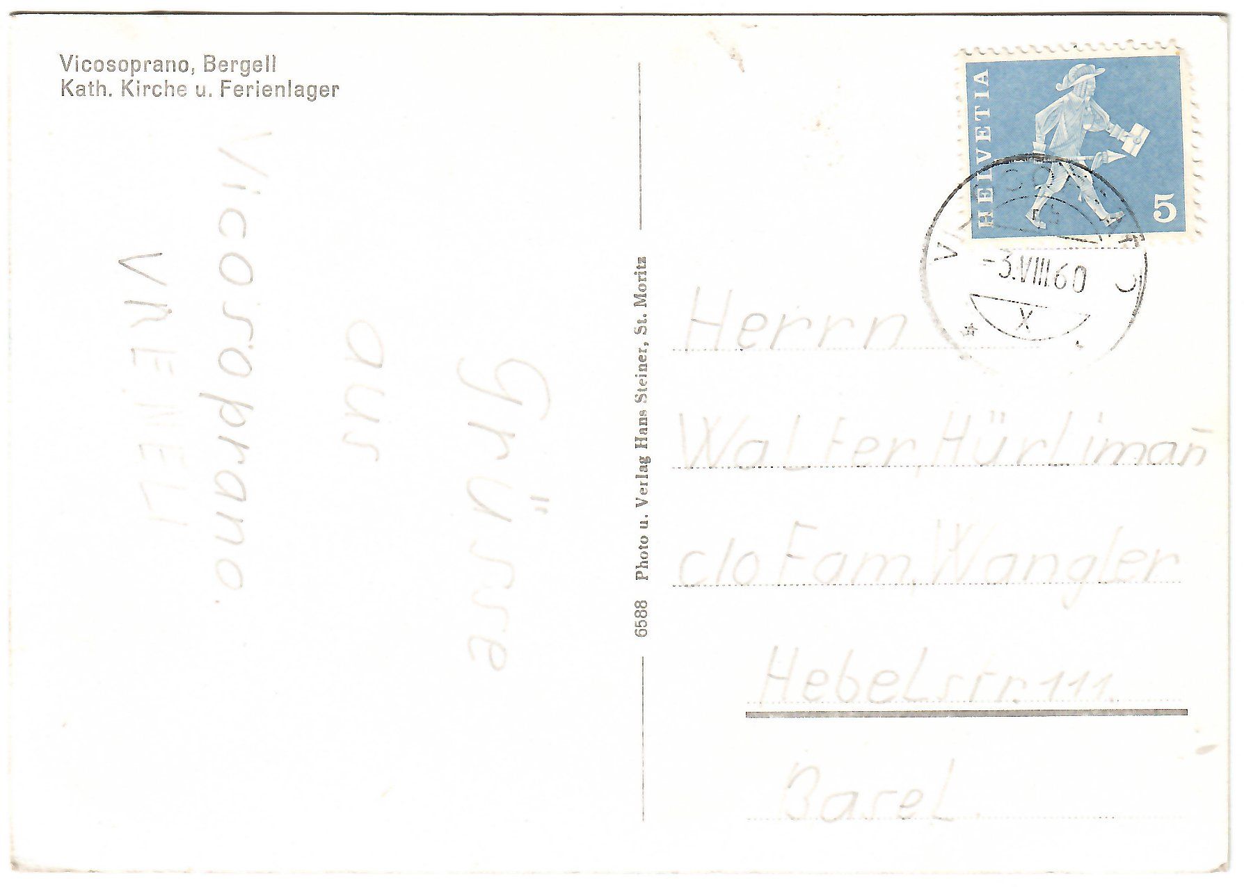 Cartoline postali: Ansichtsk. Vicosoprano, Bergell, Kath. Kirche u. Ferienlager – Usato da Kerns venduto da etma3 1