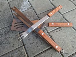 Grillbesteck Set, 3-teilig, Edelstahl, Holzgriffe, wie Neu!