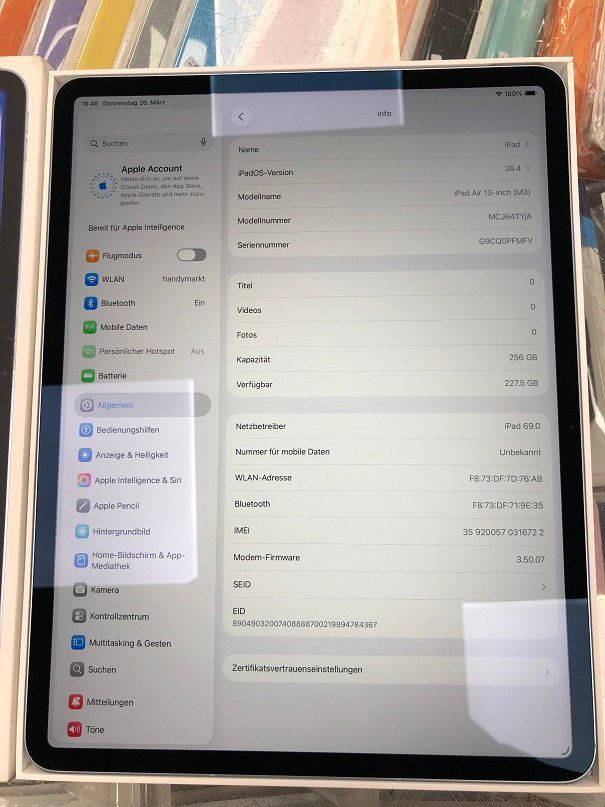 Apple Tablet PC: IPAD AIR 13" M3 256GB 5G WIFI+CELLULAR LADEZYKLEN "7"!!!!!! – Gebraucht aus Zürich von Handymarkt 3