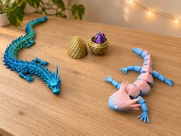 Set 3 pezzi articolati stampa 3D – Drago, axolotl e uovo 