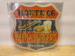 Plaque Métallique Rétro Route 66 Bière & Burgers NEW