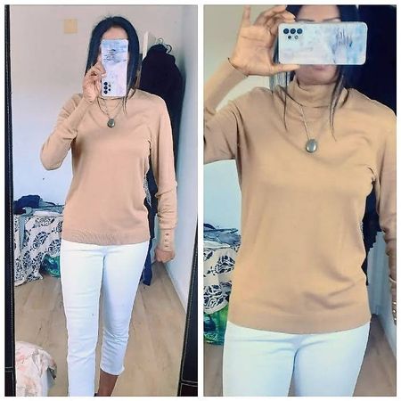 Taille S. Col roulé beige avec boutons de manches dorés VILA