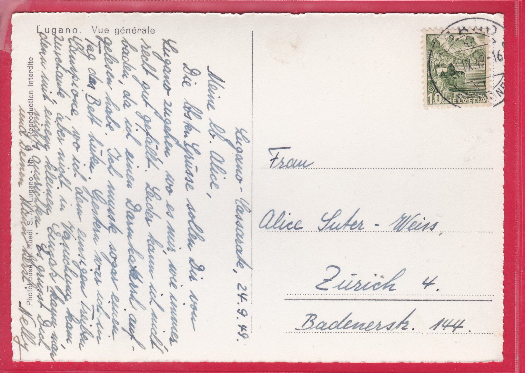 Cartoline postali: LUGANO, VUE GÉNÉRALE, 24.9.1949 – Usato da Oberrieden venduto da Gebirgsstelze 1