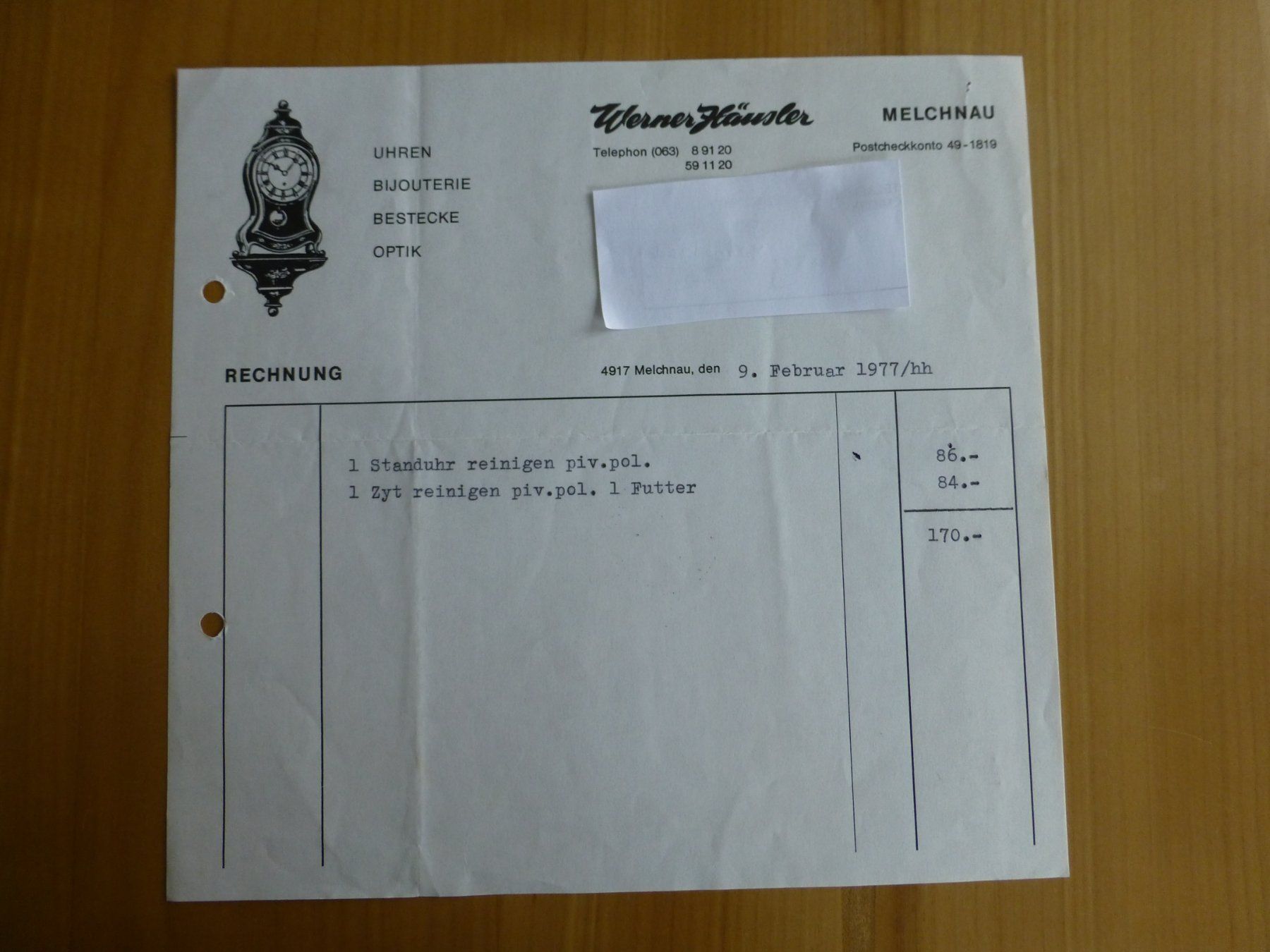 Dokumente: Melchnau. Werner Häusler Uhren. 1977 – Gebraucht aus Bettlach von 1saurer