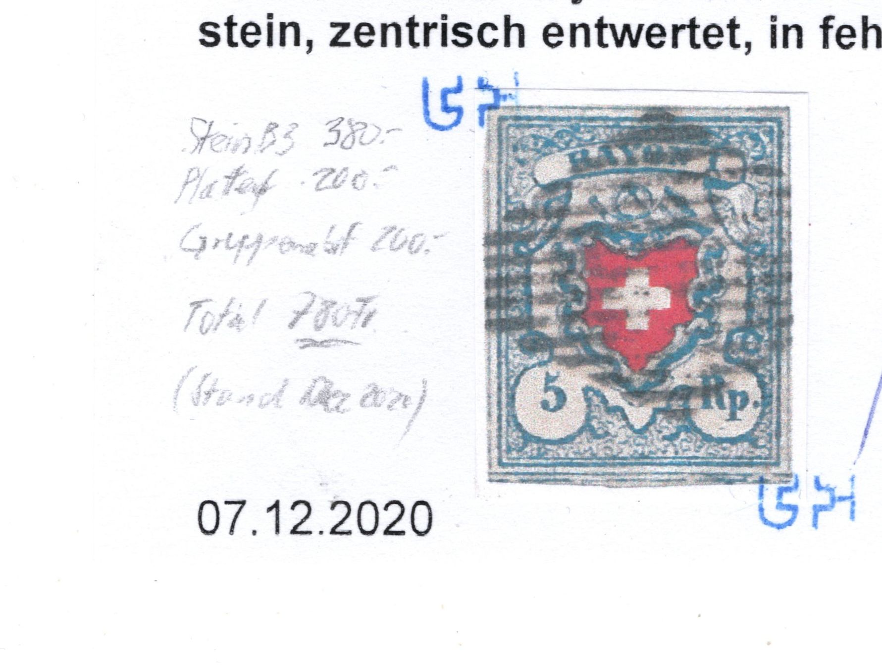 Tutti i francobolli: RAYON STEIN B3 mit PF 2.11., Kat. 780Franken – Usato da Uesslingen venduto da WHALESTAMPS 3