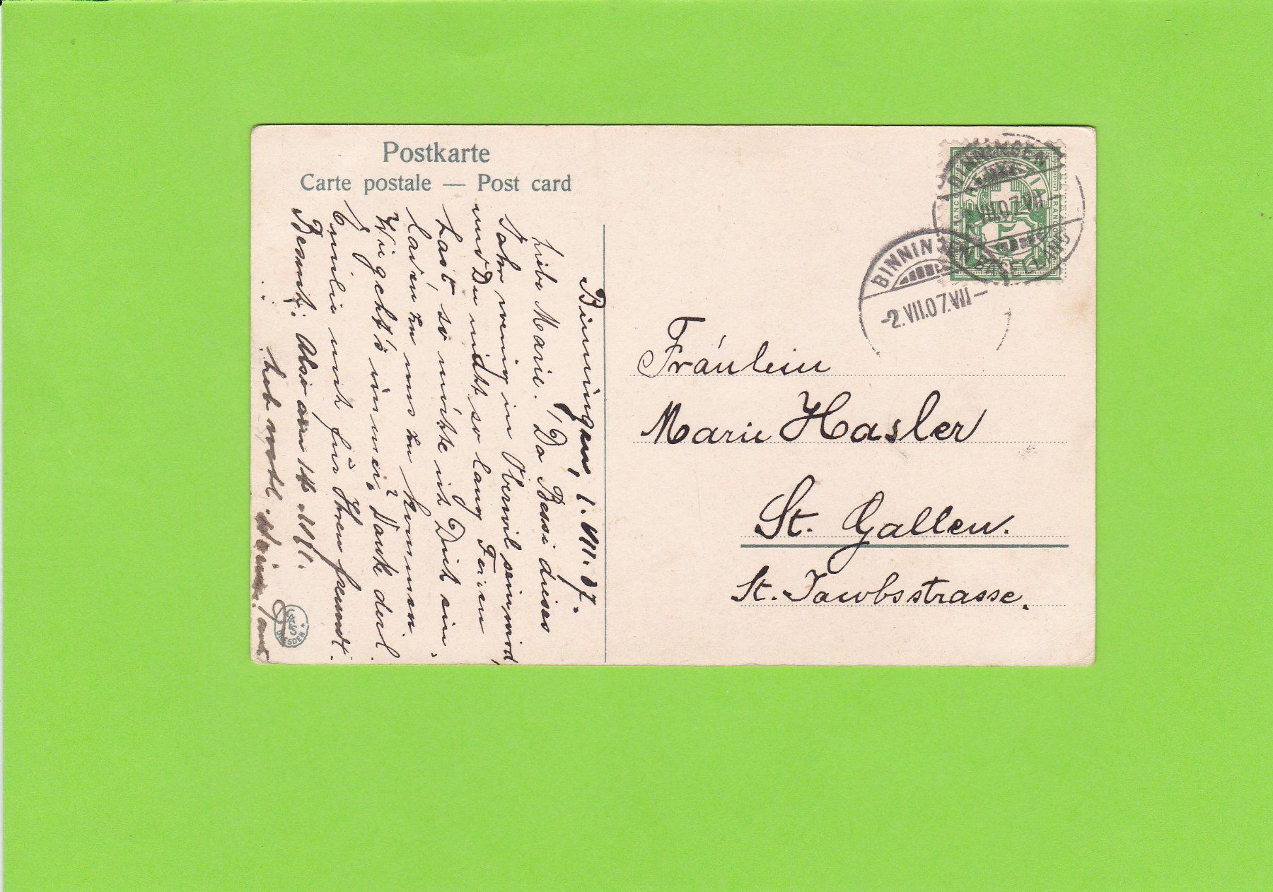 Cartoline postali: 1907 ab Binningen – Usato da St. Peterzell venduto da neckertal 1