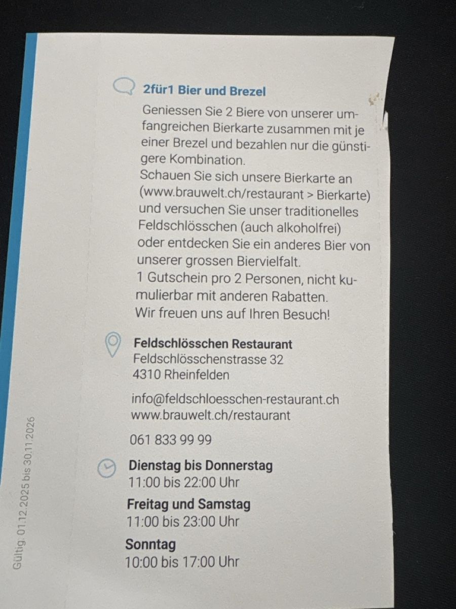 Buoni: Bon 2 pour 1 bière et Brezel – Nuovo (secondo la descrizione) da Düdingen venduto da Yellow 1