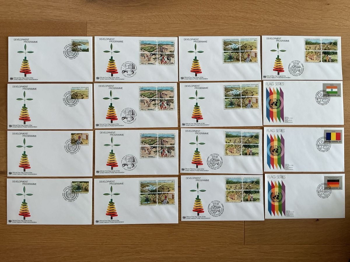 Alle Briefmarken: U.N. Entwicklungsprogramm & Flaggen Serie Umschläge 16 Stück – Gebraucht aus Glarus von die_5yzq