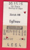 KARTON BILLETT, ZÜRICH HB - EGLISAU, 2.KLASSE, RETOUR, HALBT