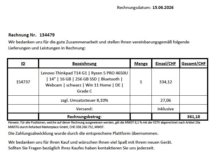 Lenovo Notebook: Lenovo Thinkpad T14 G1 – Usato da Birmenstorf AG venduto da rome02 2