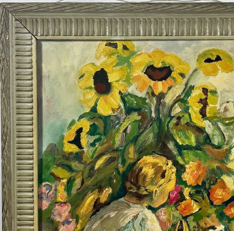 OELGEMÄLDE SIGNIERT MIT RAHMEN MÄDCHEN BEIM BLUMENPFLÜCKEN 3