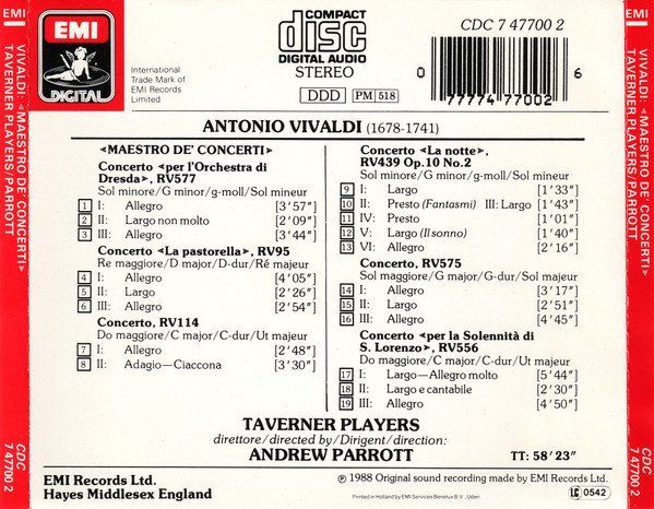 CD: Andrew Parrott plays Antonio Vivaldi – Usato da Unterbäch venduto da tuqsa 1