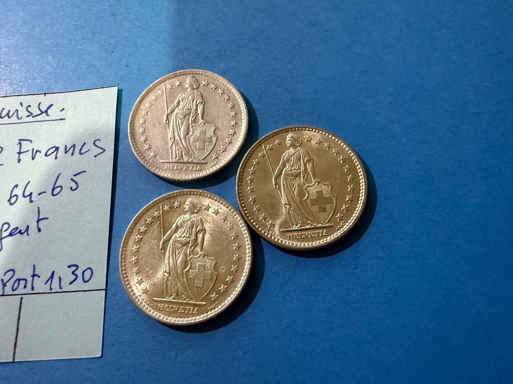 Tutti le monete: SUISSE : 3 X 2 FRANCS 1963-64-65- – Usato da genève venduto da GEnumist 2
